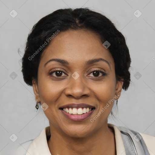 Joyful latino young-adult female with short  black hair and brown eyes