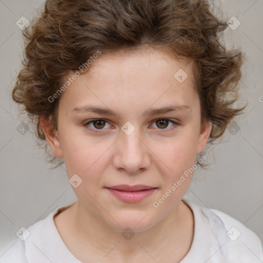 Joyful white child female with medium  brown hair and brown eyes