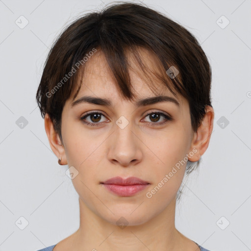 Neutral white young-adult female with short  brown hair and brown eyes