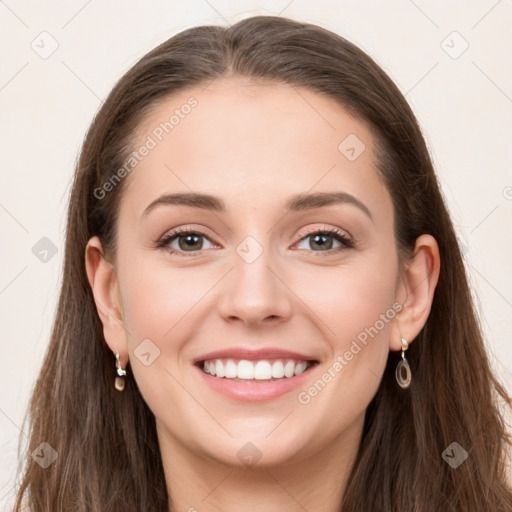 Joyful white young-adult female with long  brown hair and grey eyes