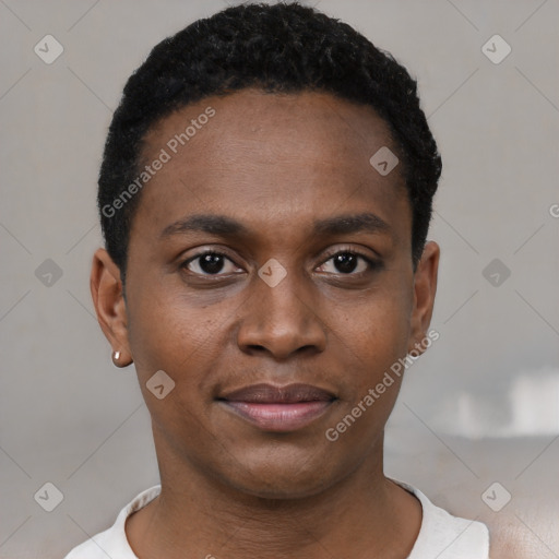 Neutral black young-adult male with short  black hair and brown eyes