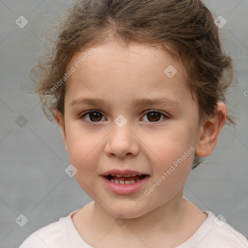 Joyful white child female with short  brown hair and brown eyes