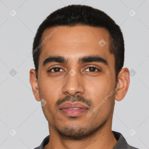Neutral latino young-adult male with short  black hair and brown eyes