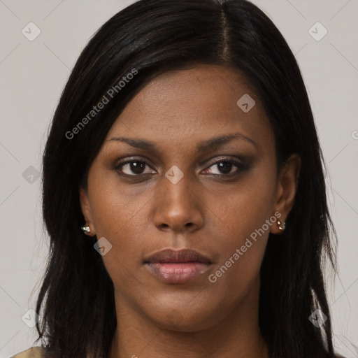 Neutral black young-adult female with long  brown hair and brown eyes