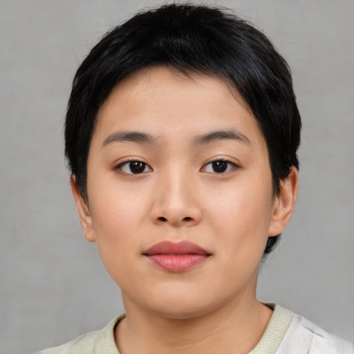 Neutral asian young-adult female with short  black hair and brown eyes