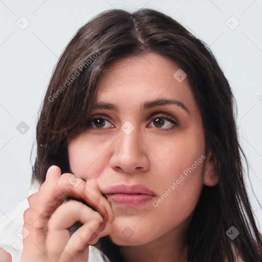 Neutral white young-adult female with long  brown hair and brown eyes