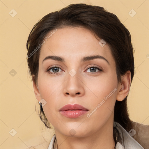 Neutral white young-adult female with medium  brown hair and brown eyes