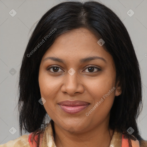 Joyful black young-adult female with medium  brown hair and brown eyes