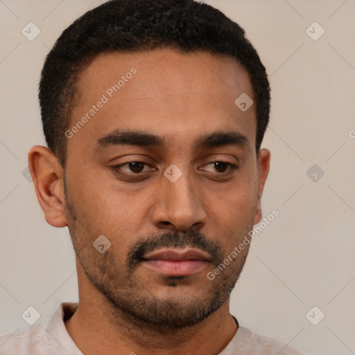 Neutral latino young-adult male with short  brown hair and brown eyes