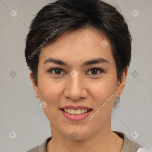 Joyful white young-adult female with short  brown hair and brown eyes