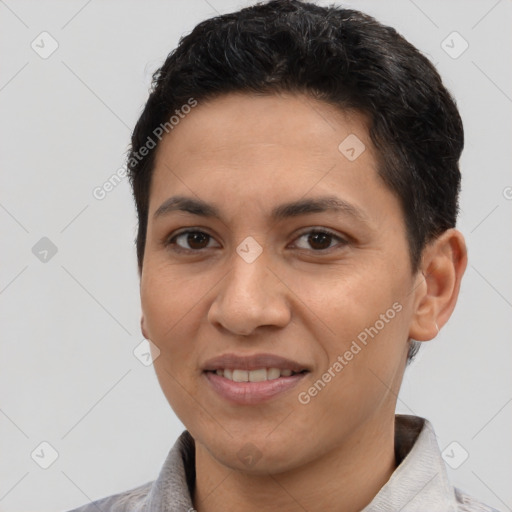 Joyful latino young-adult female with short  brown hair and brown eyes