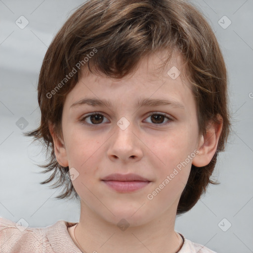 Joyful white child female with medium  brown hair and brown eyes