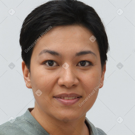 Joyful asian young-adult female with short  black hair and brown eyes