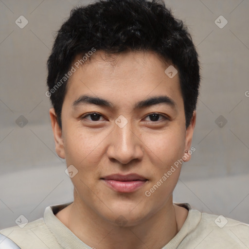 Joyful latino young-adult male with short  black hair and brown eyes