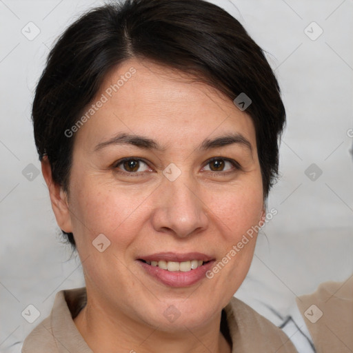 Joyful white adult female with medium  brown hair and brown eyes