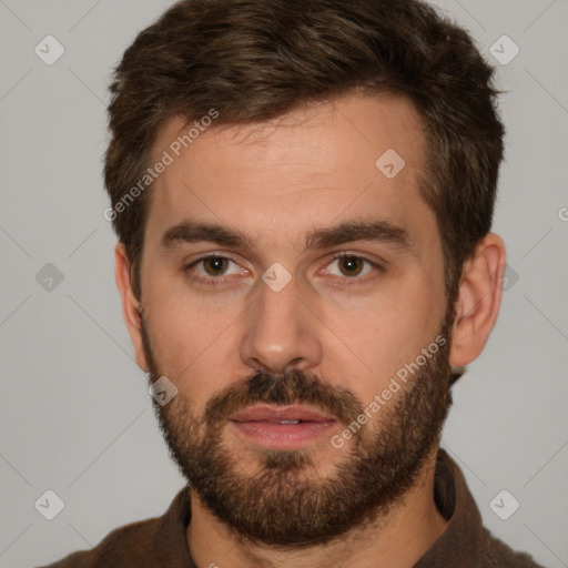 Neutral white young-adult male with short  brown hair and brown eyes