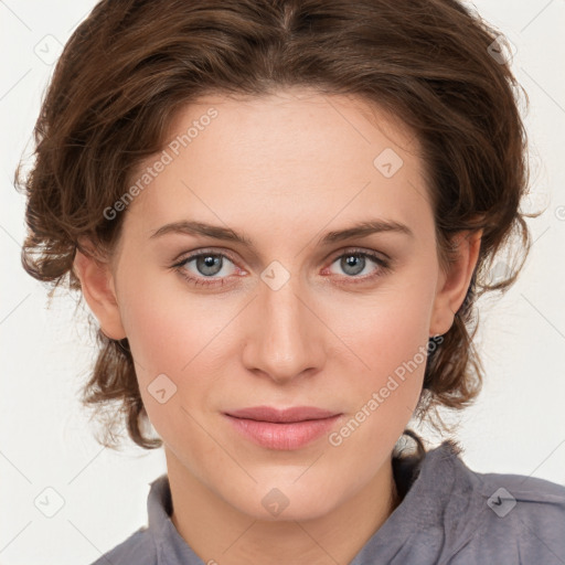 Joyful white young-adult female with medium  brown hair and blue eyes