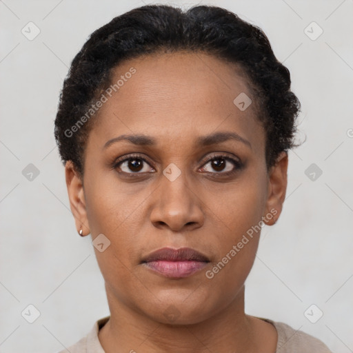 Neutral black young-adult female with short  brown hair and brown eyes