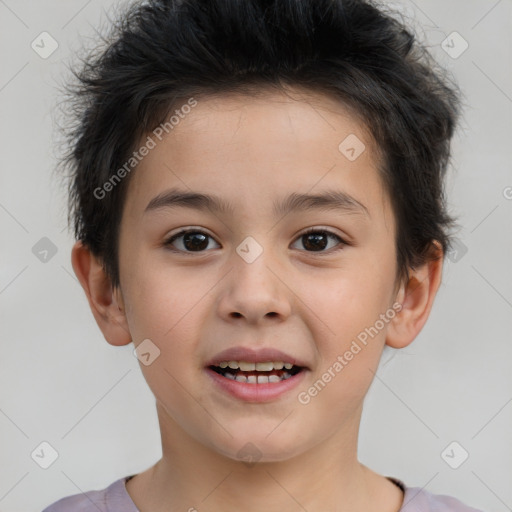 Joyful white child male with short  brown hair and brown eyes