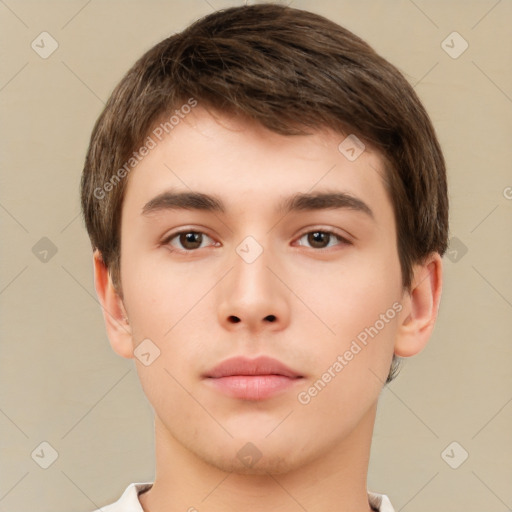 Neutral white young-adult male with short  brown hair and brown eyes