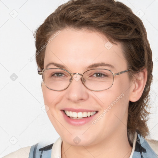 Joyful white young-adult female with medium  brown hair and blue eyes