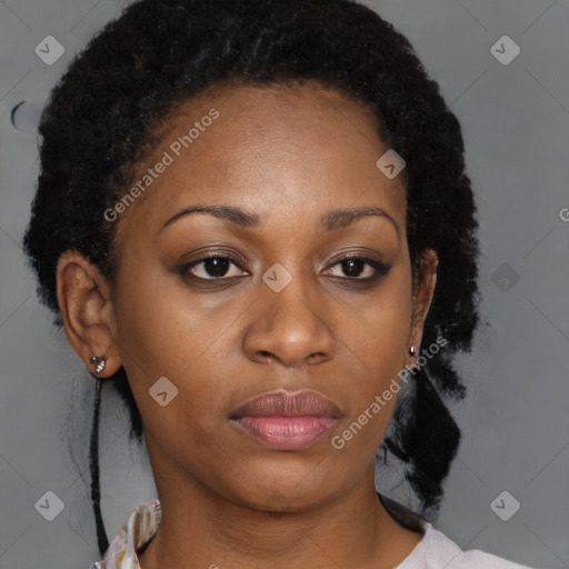 Neutral black young-adult female with medium  brown hair and brown eyes