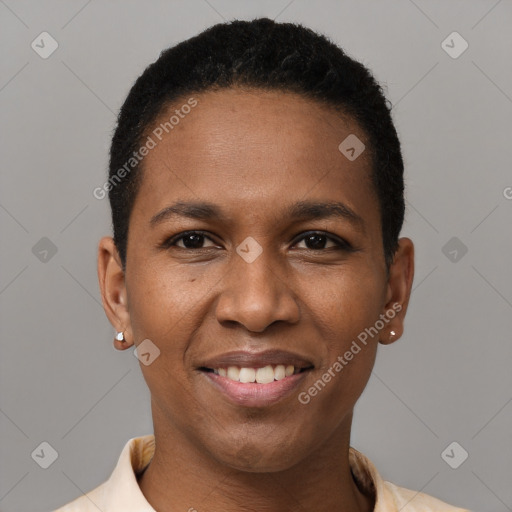 Joyful black young-adult male with short  black hair and brown eyes