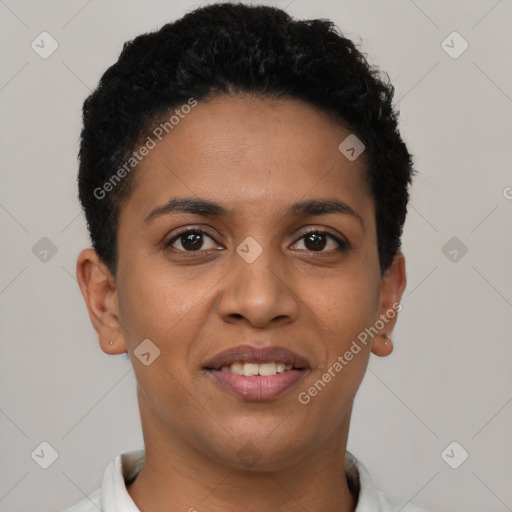 Joyful latino young-adult female with short  brown hair and brown eyes