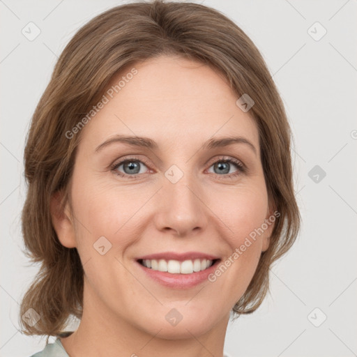 Joyful white young-adult female with medium  brown hair and green eyes