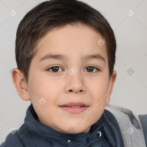 Joyful white child female with short  brown hair and brown eyes