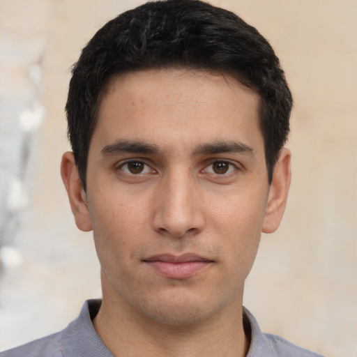 Neutral white young-adult male with short  black hair and brown eyes