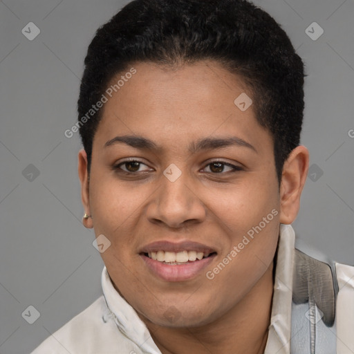 Joyful latino young-adult female with short  brown hair and brown eyes
