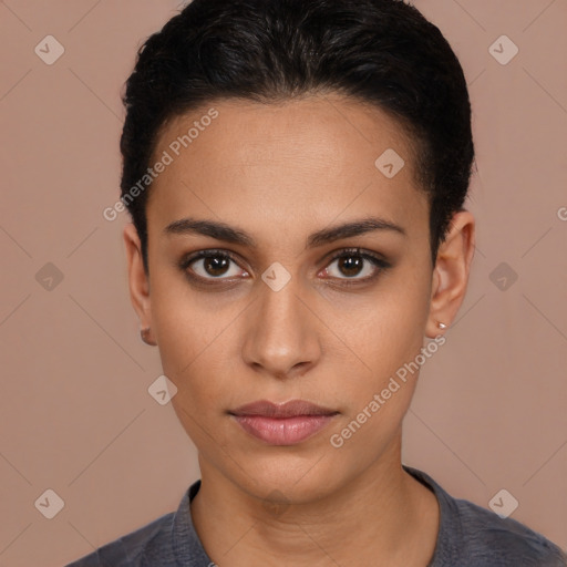 Neutral latino young-adult female with short  black hair and brown eyes