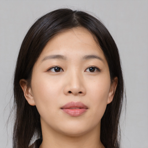 Neutral asian young-adult female with long  black hair and brown eyes