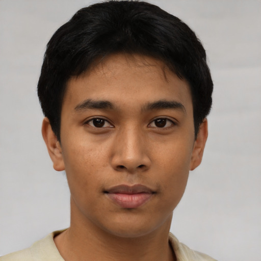 Neutral asian young-adult male with short  black hair and brown eyes