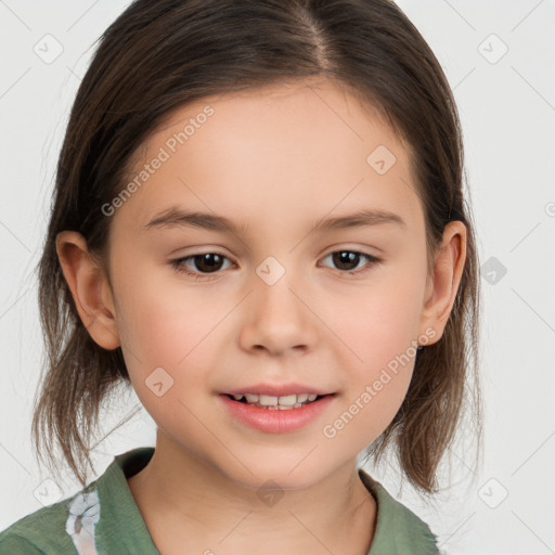 Joyful white child female with medium  brown hair and brown eyes