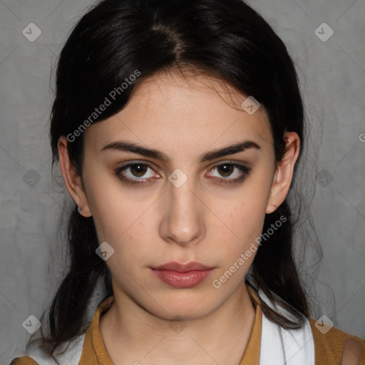 Neutral white young-adult female with medium  brown hair and brown eyes