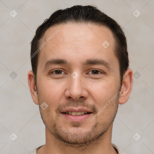 Joyful white young-adult male with short  brown hair and brown eyes