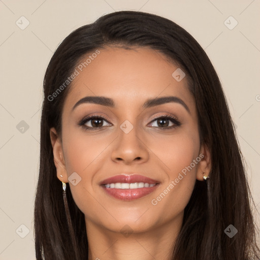 Joyful latino young-adult female with long  black hair and brown eyes