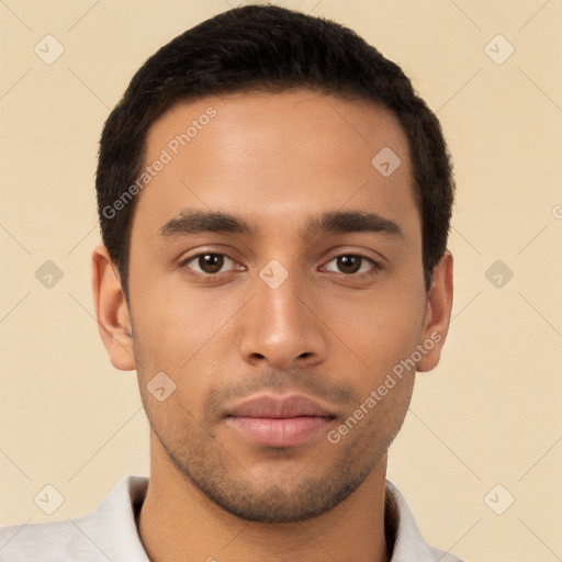 Neutral latino young-adult male with short  brown hair and brown eyes