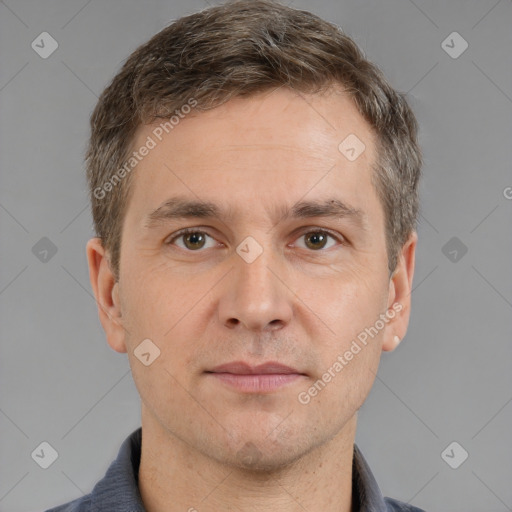 Neutral white adult male with short  brown hair and brown eyes