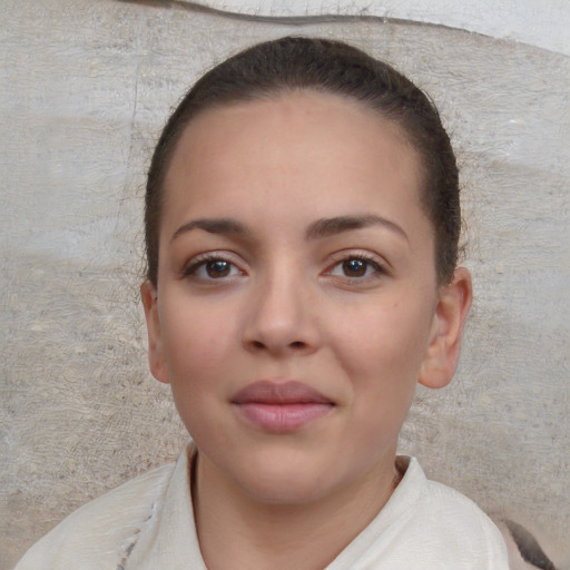 Neutral white young-adult female with short  brown hair and brown eyes