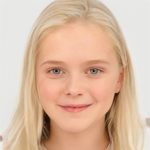 Joyful white child female with long  brown hair and blue eyes