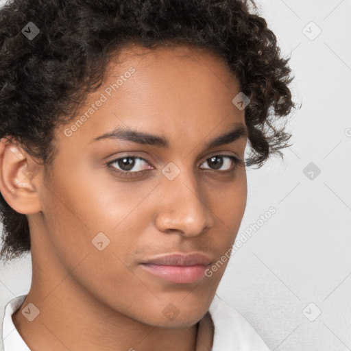 Neutral white young-adult female with short  brown hair and brown eyes