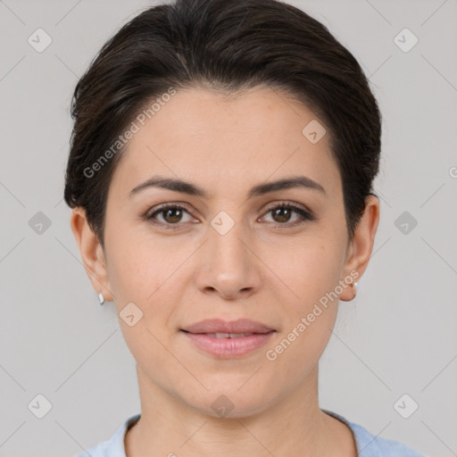 Joyful white young-adult female with short  brown hair and brown eyes