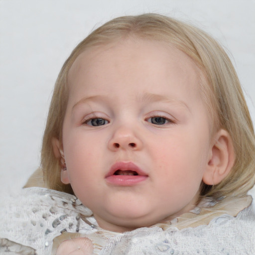 Neutral white child female with medium  brown hair and blue eyes