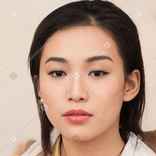 Neutral asian young-adult female with medium  black hair and brown eyes