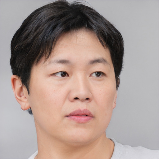 Neutral asian young-adult female with short  brown hair and brown eyes