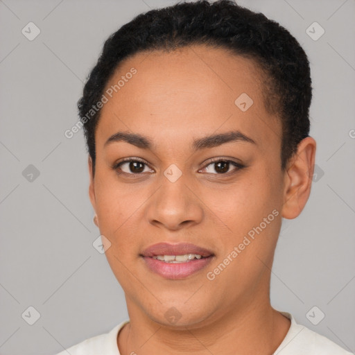 Joyful latino young-adult female with short  brown hair and brown eyes