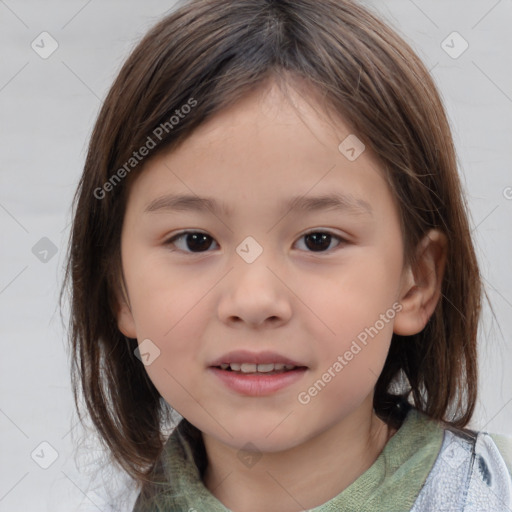 Joyful white child female with medium  brown hair and brown eyes